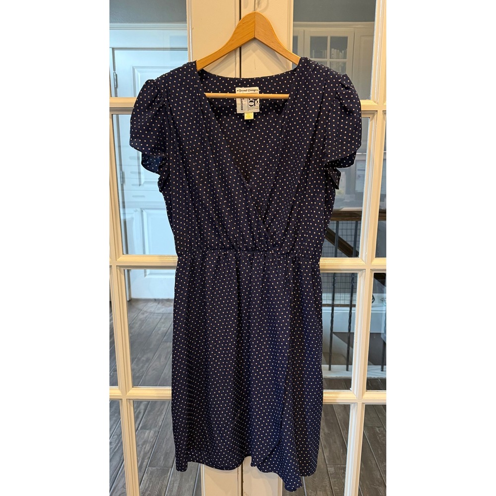 Beyond Vintage Barneys NY CO-OP Navy 100% Silk Star Print V-Neck Dress Medium